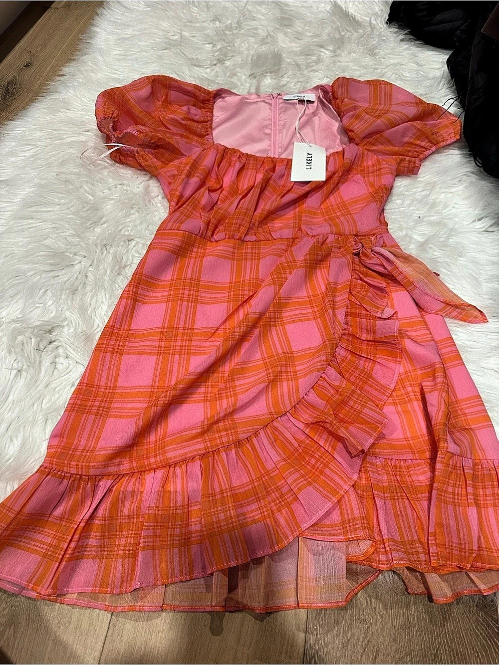 LIKELY Havana Dress Plaid Puff Sleeve Mini Dress in Pink & Orange NWT size 2
